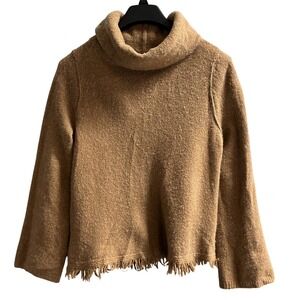 Anthropologie Sweater Womens L Brown Wool Blend Turtleneck Fringe Boxy Neutral